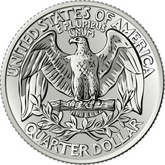 American money, United States Washington quarter dollar or 25-cent silver coin, the national bird of USA Bald eagle with wings spread on reverse