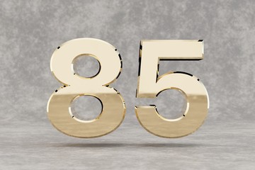 Gold 3d number 85. Glossy golden number on concrete background. 3d rendered digit.