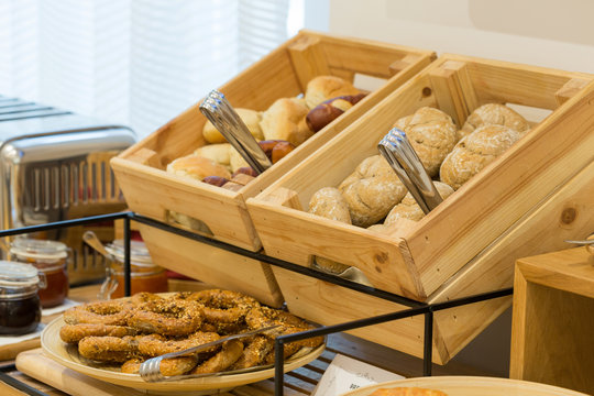 Various types of bread on buffet breakfast table