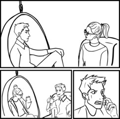 Outline sketch of man and woman sitting in different pose and talk. Concept of work talk