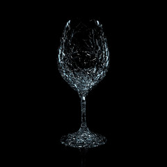 3D render of a glass on a black background. Studio lighting. Glass fragments go to smithereens