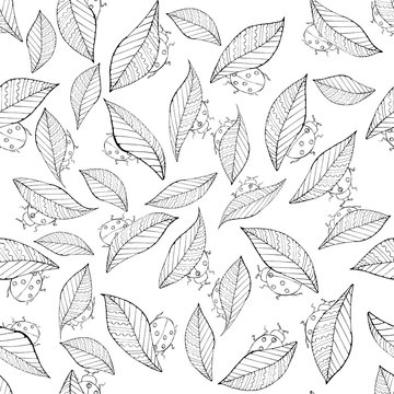 seamless background with leaves and ladybugs, coloring pattern