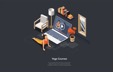 Isometric Online Yoga Courses Concept. Woman Do Yoga Remotely. Female Character Exercising, Stretching, Meditating Using Application In Laptop With Online Yoga Teacher. Cartoon 3d Vector Illustration