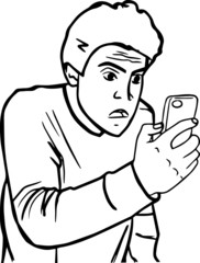 Outline sketch of angry man looks at the phone in doodle style
