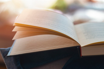 Abstract Open Old Book. An open book with nature in the background. Education and wisdom concept - open book under sunlight outdoors. Open Bible with bright sunset in the background