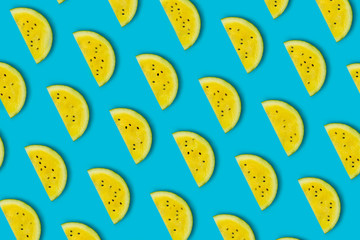 Watermelon Slices, Pieces on Bright Blue Turquoise Background. Creative Layout and Flat lay, Pattern For Wallpapers, Background