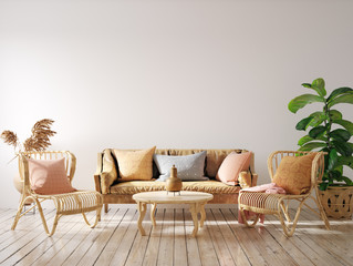 Cozy living room interior with wicker furniture, wall mockup, 3d render - obrazy, fototapety, plakaty
