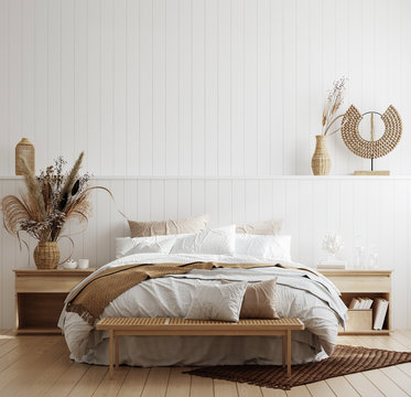 Fototapeta White cozy coastal bedroom interior, 3d render