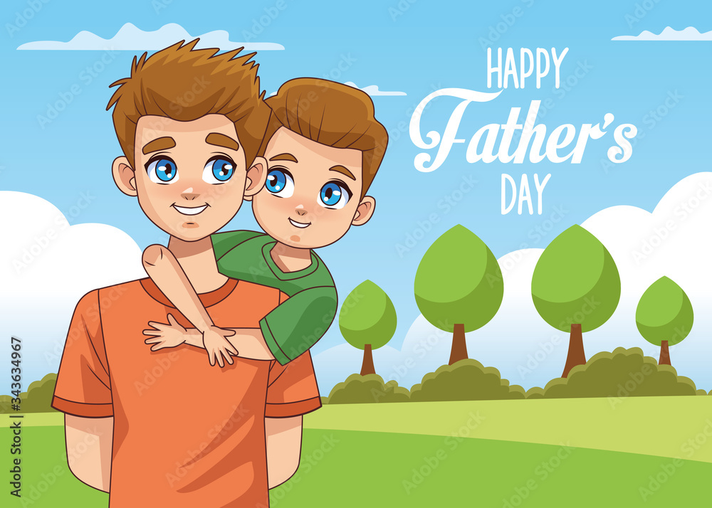 Wall mural fathers day card with dad carrying son in landscape