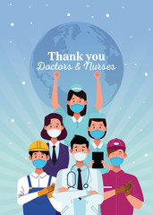 group of workers using face masks with thank you doctors and nurses message