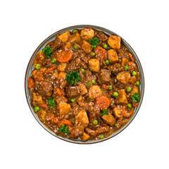 Beef Curry Stew with Potatoes and Carrots Isolated on White. Selective focus.