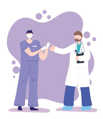 thanks, doctors, nurses, physician and nurse with mask and medical gloves