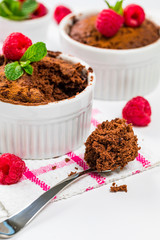 Microwave Chocolate Cake. Instant Mug Chocolate Cake in Portion Bowl. Selective focus.