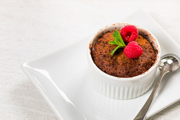 Microwave Chocolate Cake. Instant Mug Chocolate Cake in Portion Bowl. Selective focus.
