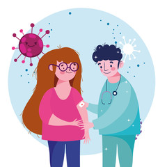 vaccination medical care, male nurse and girl patient with band aid in arm