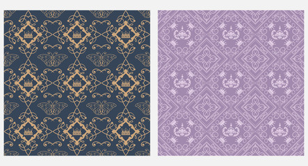 Old fashioned Wallpaper. Vector Backgrounds. Samples Textile, Fabric, Interior Design. Colors: Dark Blue, Violet. Seamless Pattern.