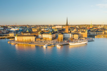 Fototapeta na wymiar Aerial panoramic photo of Stockholm skyline drenched in beautiful sunset colors