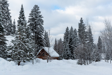 house in the wintery forest with broken clouds and blue sky