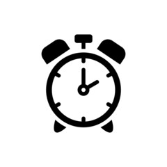 Alarm clock icon isolated, Time symbol in black flat shape design on white background