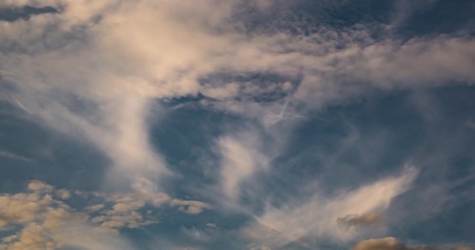 Time lapse clip of several fluffy curly rolling cloud layers in windy weather