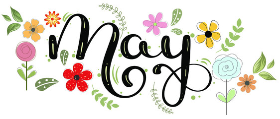 Hello May. MAY month vector with flowersand leaves. Decoration floral. Illustration month may - obrazy, fototapety, plakaty