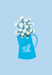 Chamomile daisies bouquet in milk jug. Aesthetic Flowers in vintage pot. Trendy elegant minimal illustration