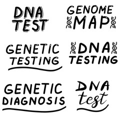 DNA test, Genetic testing, diagnostic. Lettering calligraphy set illustration. Vector eps handwritten brush trendy black isolated on white background.