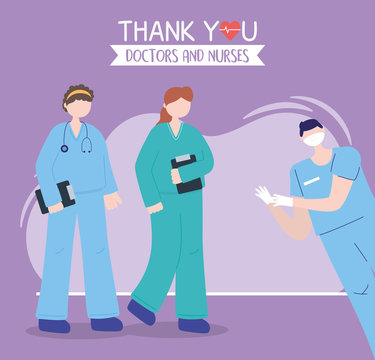 thanks, doctors, nurses, female and male nurses with medical and uniform