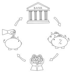 Storage of funds in the bank. Deposit. The growth of finance. Digital illustration, hand-drawn on a white background. Perfect for posters, banners, booklets and other printed products
