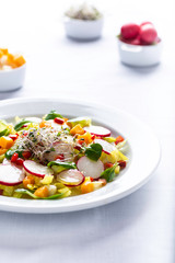 fresh salad with radishes, cheese, peppers and bean sprouts, on a white background