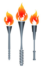 Set of three vector torches with red flames