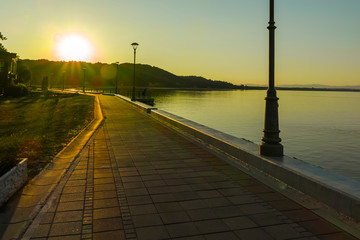 Sunset landscape of Danube River at town of Golubac, Serbia