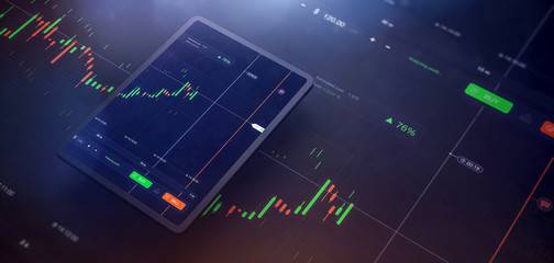 Futuristic stock exchange scene with tablet UI, chart, numbers and SELL and BUY options (3D illustration)
