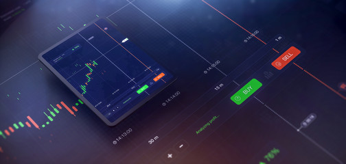 Futuristic stock exchange scene with tablet UI, chart, numbers and SELL and BUY options (3D illustration)