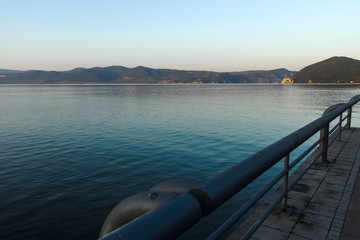 Obraz premium Sunset landscape of Danube River at town of Golubac, Serbia