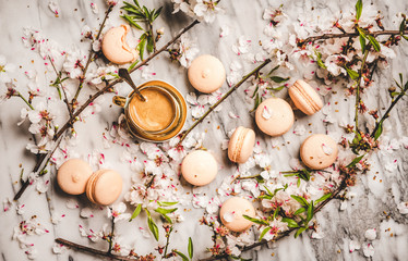 Fototapeta na wymiar Flat-lay of cup of hot espresso offee, sweet macaron cookies, white spring blossom flowers and white marble background, top view