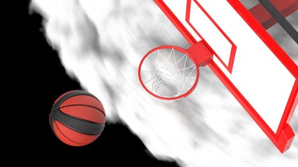 Blown-Black Basketball and basketball plate with dark brown toned foggy smoke background.. 3D illustration. 3D high quality rendering.