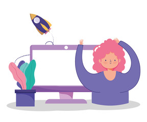 people communication and technology, girl with computer idea innovation cartoon