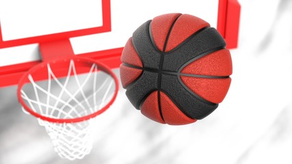 Blown-Black Basketball and basketball plate with dark brown toned foggy smoke background.. 3D illustration. 3D high quality rendering.