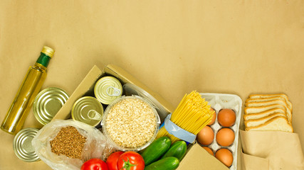 Food supply. Food crisis for quarantine isolation period. Consumer basket product set. Food...