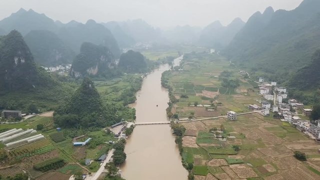 Landscape of Guilin, Li River and Karst mountains. Located near Yangshuo County, Guilin City, Guangxi Province, China. (aerial photography)
