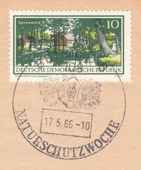 Spreewald-forest on the Spree river, national park. Postmark nature conservation week, Berlin, stamp Germany 1966