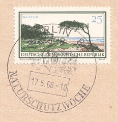 Dunes at Westdarss, national park. Postmark nature conservation week, Berlin, stamp Germany 1966