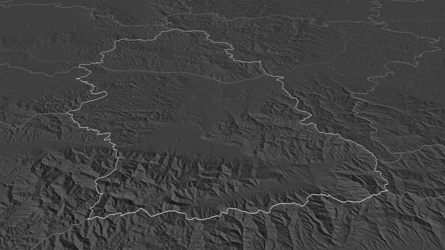 Hunedoara, county with its capital, zoomed and extruded on the bilevel map of Romania in the conformal Stereographic projection. Animation 3D