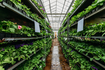 Growing of flower seedlings on shelves in greenhouse, selective focus