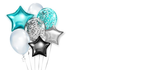 Illustration with bunch of shiny balloons in light blue, silver and black colors, round and in the shape of stars, with ribbons and shadows, on white background