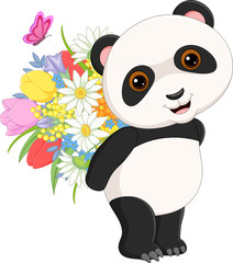 Cute little panda carrying a flowers