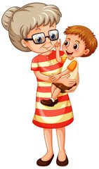 Old lady carrying little boy on white background