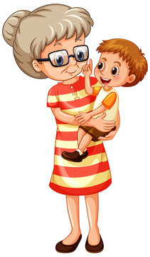 Old Lady Carrying Little Boy On White Background