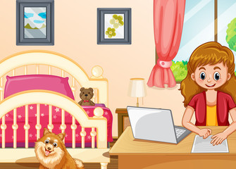 Obraz na płótnie Canvas Scene with girl working on computer in bedroom